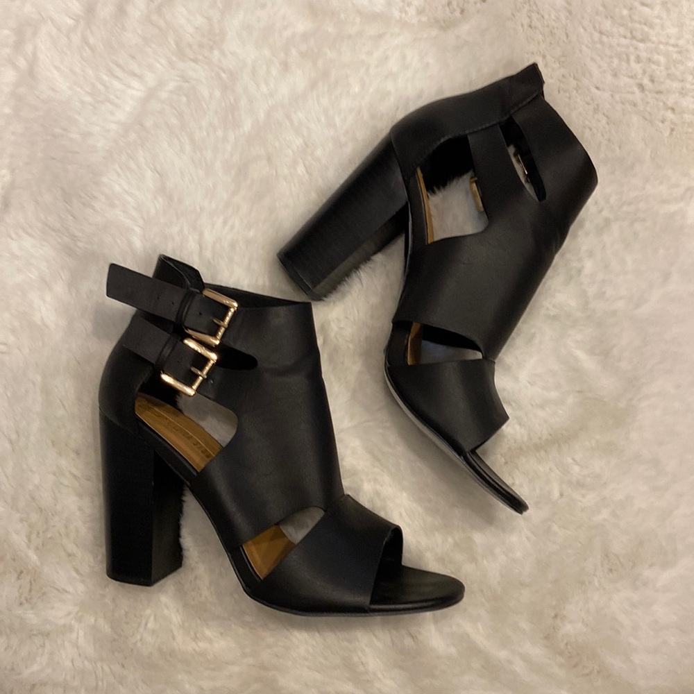 EUC * Leila Stone * Santorini Open Toe Block Heel Ankle Booties * Size 9.5